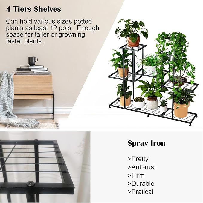 Twhep Metal Plant Stand, 5 Tiers Multifunctional Plant Stands for Indoor Plants, Decorative Black Steel Plant Shelf for Indoor Patio Garden Balcony and Yard (4 tiers 12 pots) Twhep