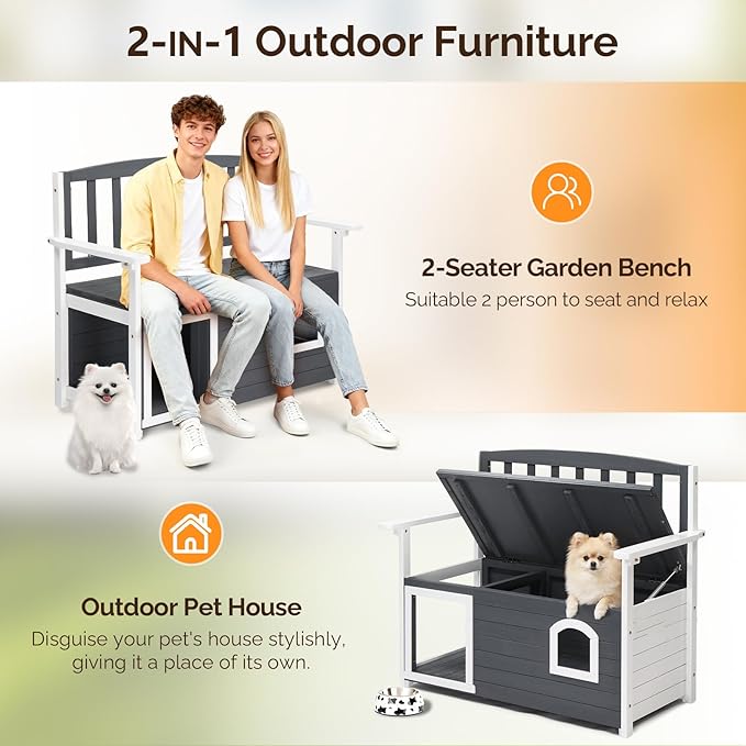 VINGLI Outdoor Storage Bench with Built-in Dog House, 2-in-1 Outdoor Waterproof Patio Bench with Pet Kennel for Patio Backyard Porch (Gray) VINGLI