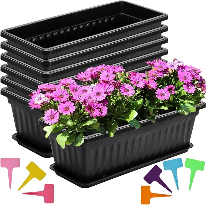 Fasmov 7 Pack 17 Inches Flower Window Box Plastic Vegetable Planters with Trays Vegetables Growing Container Garden Flower Plant Pot with 7 Pcs Plant Labels for Balcony, Patio, Garden, Black Fasmov