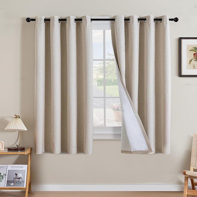 H.VERSAILTEX Linen Curtains 100% Blackout Curtains for Bedroom 54 inch Long Full Light Blocking Nature Linen Blended Window Curtains for Living Room Nickel Grommet (2 Panels, Heathered Natural) HVERSAILTEX