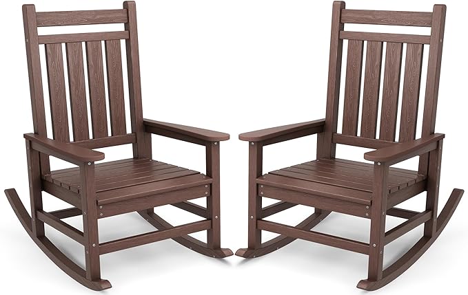 SERWALL Oversized Outdoor Rocking Chair Set of 2, HDPE Rocker for Adults, Patio Rocking Chairs for Porch, Brown SERWALL