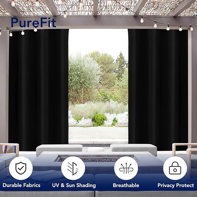 PureFit Outdoor Curtains for Patio Waterproof Weatherproof, UV Resistant Outside Curtains for Gazebo, Front Porch, Pergola, Sun Blocking Privacy Curtain, 52W x 108L inch, 1 Panel, Black PureFit