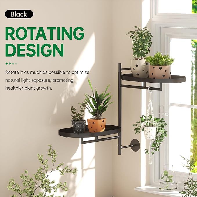 Rotating Window Shelves for Multiple Plants Indoor,2-tier Metal Corner Black Plant Stand Holder Floating Hanger Shelf for Wall，Windows Sill Gifts for Planter Lover to Enhance Home Decor YFFSRJDJ
