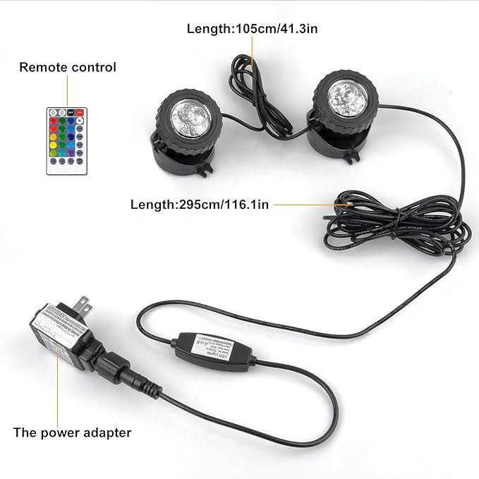 RGB Pond Lights with Timer, LED Underwater Submersible Colorful Landscape Spotlights, 98ft Remote Control IP68 Waterproof Fountain Lights for Fish Aquarium Tank Garden Yard Pool (Set of 2) CREPOW