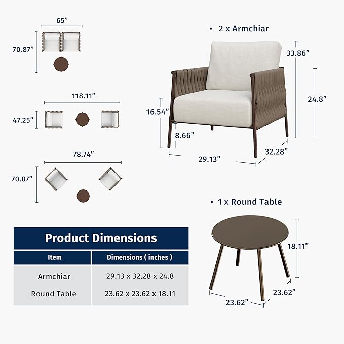 East Oak 3-Piece Patio Furniture Set | Armchairs & Coffee Table | Outdoor Furniture with Cushions | Deep Seating Modern Conversation Set | Garden, Porch, Balcony & Backyard | Chestnut & Apricot EASTOAK