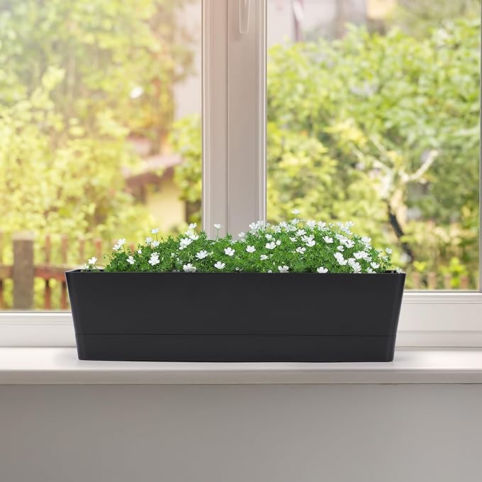 GREANER Rectangle Window Boxes, 6PCS 16x3.8 Inch Black Herb Planters with RemovableTray and Drainage Hole, Succulent Flowers Plastic Pot for Balcony, Office, Windowsill, Garden, Outdoor Decoration Use GREANER