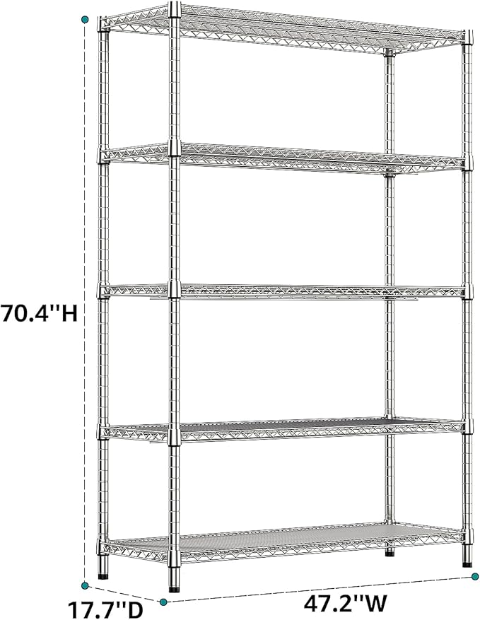 IZEUK 4250 LBS Garage Shelving Wide Storage Shelves 5 Tier Metal Shelves Heavy Duty Adjustable Utility Shelf Rack Chrome 17.7" D x 47.2" W x 70.4" H IZEUK