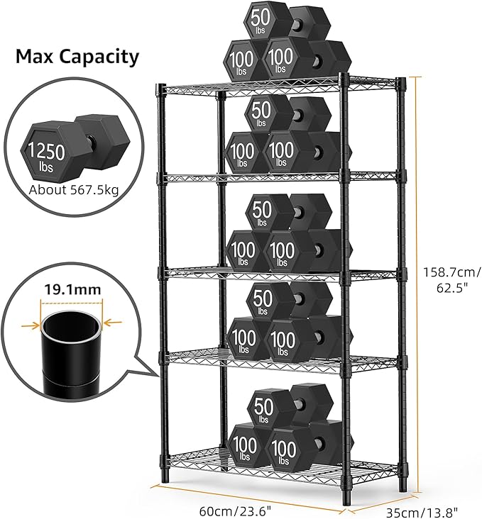 1250 lbs Storage Shelving Utility Shelving Unit 5-Tier Utility Shelving Unit Steel Organizer Wire Rack for Home,Kitchen,Office (13.7" D x 23.6" W x 62.4" H) MEIGAOPLASTICANDMETALHKCOLIMITED