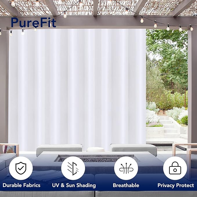 PureFit Outdoor Curtains for Patio Waterproof Weatherproof, UV Resistant Outside Curtains for Gazebo, Front Porch, Pergola, Sun Blocking Privacy Curtain, 150W x 84L inch, 1 Panel, White PureFit