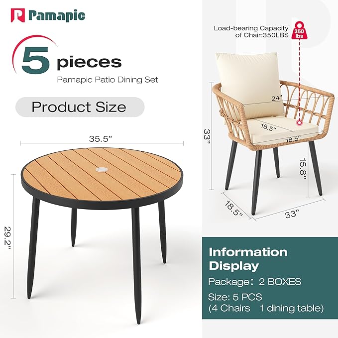 Pamapic 5-Pieces Patio Dining Set with Wood Table Top, All-Weather PE Rattan Patio Furniture Set, Outdoor Dining Furniture with Removable Cushion Chairs & Round Table for Garden Lawn Patio,Cream Pamapic
