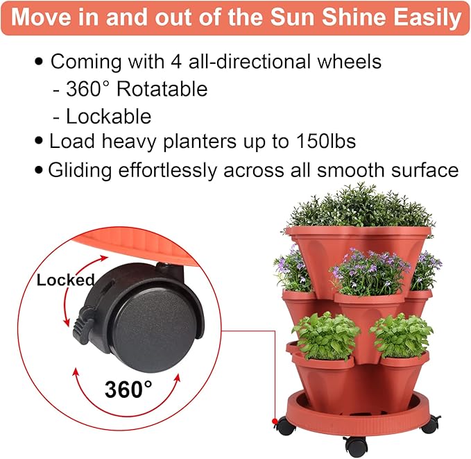 GameXcel Vertical Planter 3 Tier Stackable Planters Garden Planters Strawberry Herb Flower and Vegetable Planter Indoor Outdoor Gardening Pots with Removable Wheels and Tools GameXcel