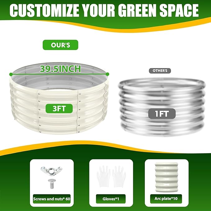 17" Tall Elevated Round Metal Rised Garden Bed- 3.3'x3.3' in Size and 0.8MM Thick Durable Planter Box for Vegetables Flowers Succulent at Patio/Garden Outdoor (White, 3.3FT Diameter) TBMLC