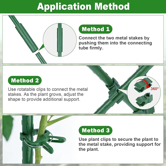 Garden Stakes 70 Pack, 16 Inch Plastic Coated Metal Tomato Stakes, DIY 4ft 5ft 6ft 7ft Plant Support Stakes with 40 Connectors 30 Rotatable Clips 30 Plant Clips for Indoor Outdoor Vegetables Tegarbed