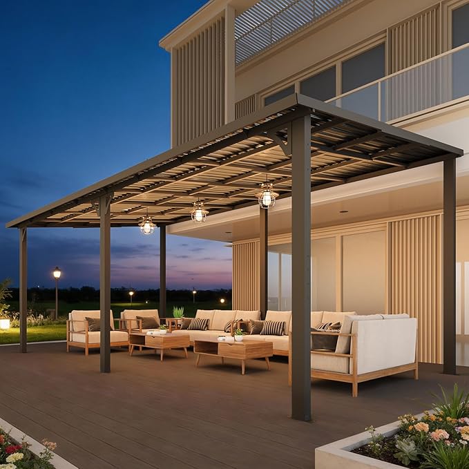 AECOJOY 10' x 20' Outdoor Hardtop Metal Gazebo for Patio, Large Lean to 20x10 Galvanized Steel Wall Mounted Pergolas and Grill Gazebos Clearance, Heavy Duty Patio Roof Metal Awnings for Decks AECOJOY