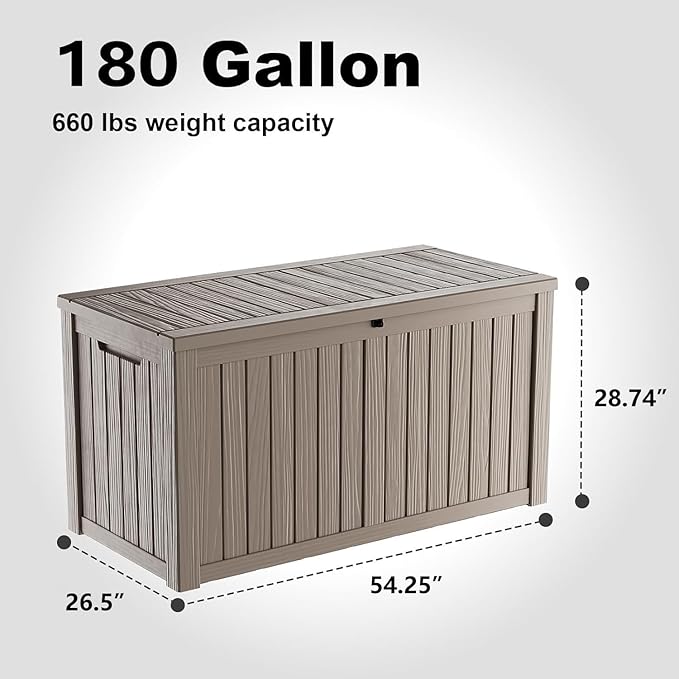 DRATO 180 Gallon Outdoor Storage Box, Large Waterproof Deck Box, Lockable Resin Storage Container with Reinforced Support for Patio Cushions, Garden Tools, UV-Resistant Outdoor Chest（Gray，180 Gallon） DRATOprovidesawarmandcozy