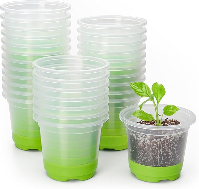 MIXC Thickened Clear Nursery Pots with Silicone Base for Easy Transplant 30 Packs 4 Inch, Transparent Plant Pot Reusable Seedling Pots for Vegetable Propagation, Root Cutting, Seed Starting, Green MIXC