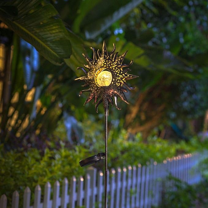 HOMEIMPRO Large Sun Solar Garden Decor Lights Outdoor Garden Gifts Mom Dad, Crackle Glass Metal Stake Backyard Decor, Waterproof LED Lights for Lawn Patio Ornaments, Mothers Day Gifts for Women Homeimpro