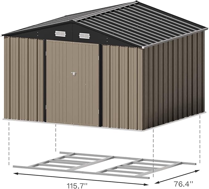 Patiowell 10 x 8 FT Outdoor Storage Shed with Floor Frame, Large Garden Tool Metal Shed with Sloping Roof and Double Lockable Door for Backyard Garden Patio Lawn,Brown Patiowell