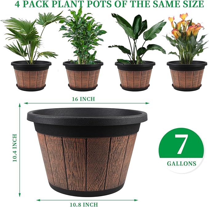 Quarut Large 4 Pack 16 inch Plant Pots,Whiskey Barrel Planters with Drainage Holes & Saucer,Plastic Decoration Flower Pots Retro Design,Planters for Outdoor Indoor Garden Balcony Plants (Brown) Quarut