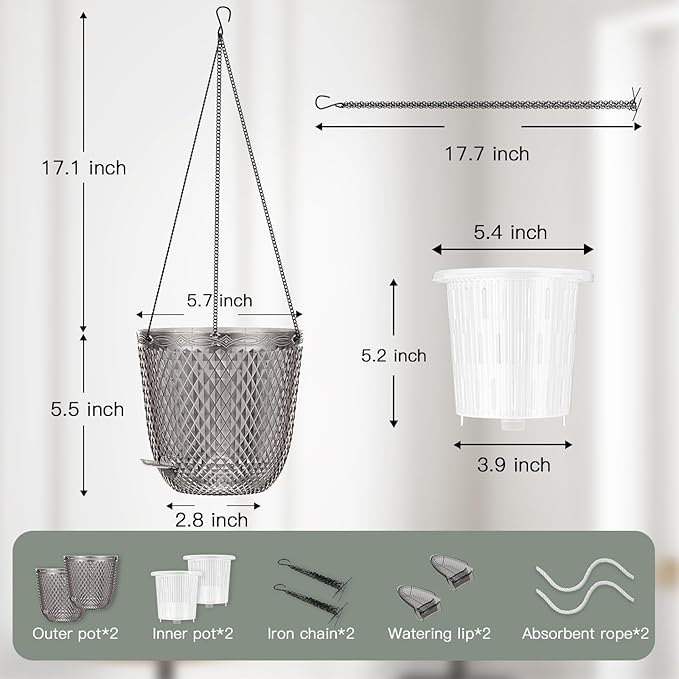 QCQHDU Self Watering Hanging Pots, 2 Pack 5.7 Inch Hanging Planters for Plants Indoor, Outdoor Flower Pots with Drainage Holes and 3 Hooks Chains for Garden Home (Gray) QCQHDU