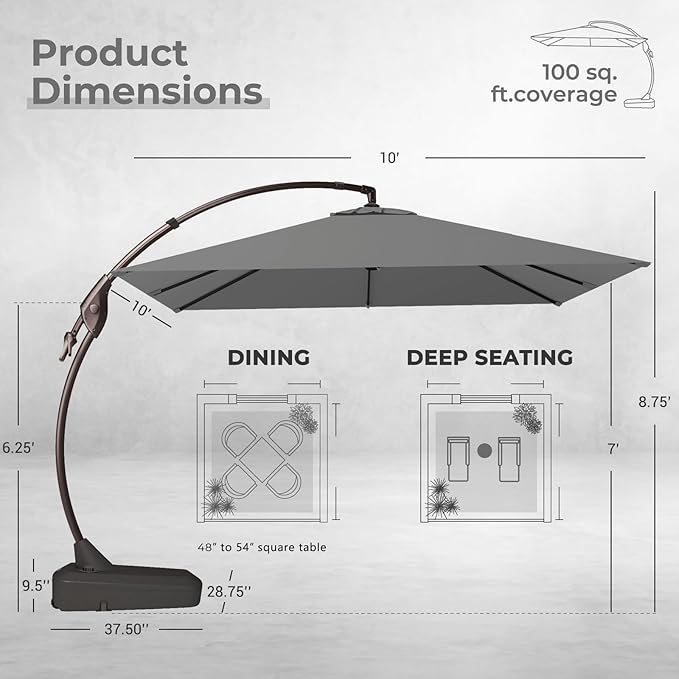 Grand patio 10x10 FT Patio Cantilever Umbrella with Base Outdoor Large Square Tilting Offset Umbrellas for Deck Backyard (Gray, 10x10 FT) GrandPatio