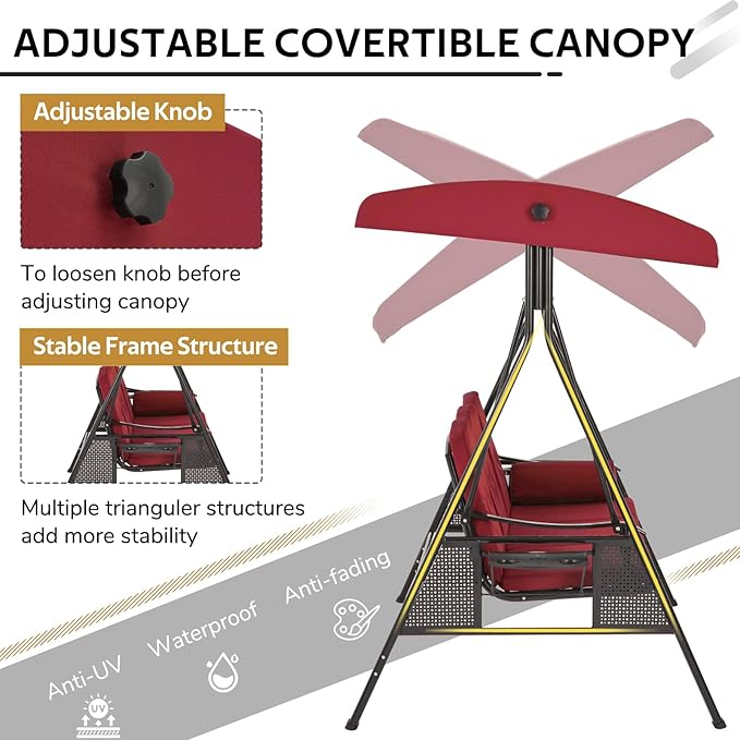 U-MAX 3-Seat Porch Swing Chair Steel Frame, Patio Swing Chair with Stand and Removable Cushions, Outdoor Canopy Swing Chair for Outside, Backyard, Garden, Burgundy Cushion U-MAX
