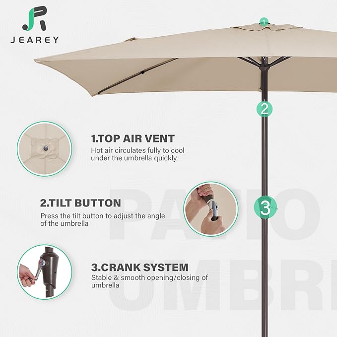 JEAREY 6.5x10 ft Rectangular Patio Umbrellas Rectangle Outdoor Umbrella with Push Button Tilt and Crank, Market Table Umbrella 6 Sturdy Ribs UV Protection for Poolside Garden Backyard Deck, Beige JEAREYOutdoorsCollection