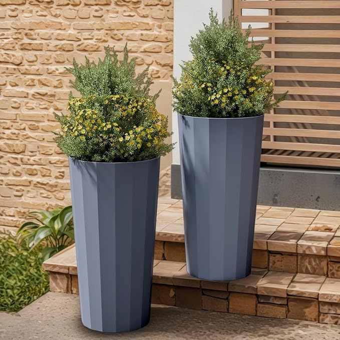 23.6" H Tall Planters for Outdoor Plants, 2 Pack Large Outdoor Planters for Porch Decor with Automatic Drainage Hole, Plastic Stripe Design Flower Pots Fits Indoor Plants Patio Garden, Black Outdoorchairs