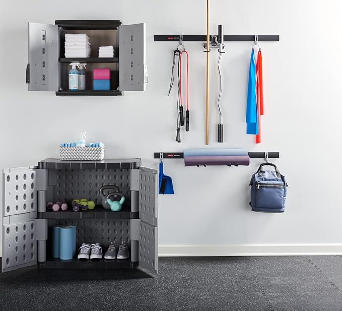 Rubbermaid Freestanding Storage Cabinet with Doors 18"D x 36"W x 37"H Medium Gray/Black Two-Shelf Lockable Cabinet for Indoor/Outdoor/Garage Storage for Garden Tools/Lawn Care Accessories Rubbermaid