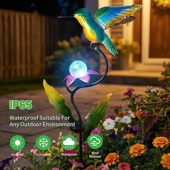 HONGLAND 46 Inch Solar Hummingbird Lights, Solar Garden Decor with Cracked Glass Ball, Hummingbird Decorative Garden Stakes Outdoor Waterproof for Lawn Patio Yard Porch, Gifts for Mom HONGLAND