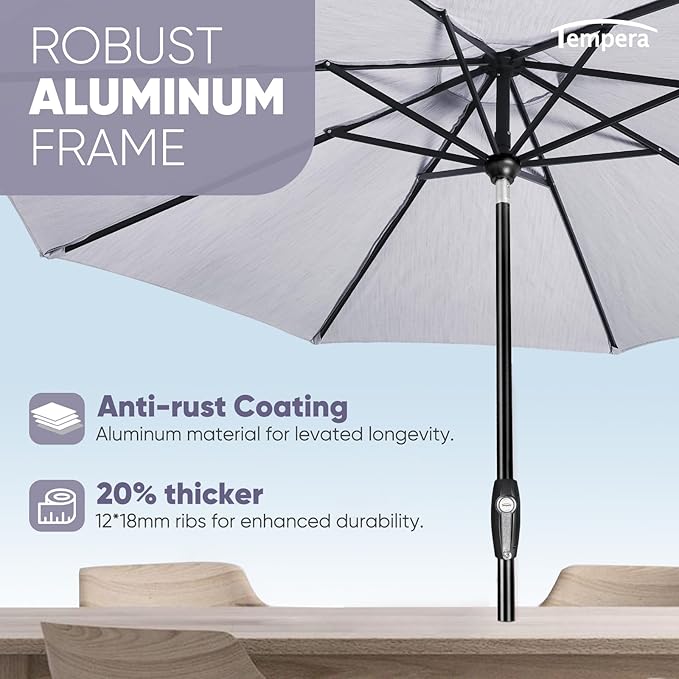 Tempera Patio Market Outdoor Table Umbrella with Auto Tilt and Crank, Large Sun Umbrella with Sturdy Pole & Fade Resistant Canopy, Easy to Set TemperaPatioLife