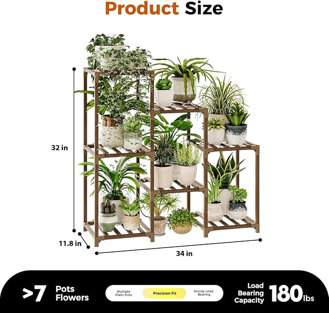 Bamworld Plant Stand with Grow Light Plant Shelf for Mutiple Pots 3 Tiers Ladder Plant Holder for Living Room Patio Boho Home Decor for Gardening Warm Light Bamworld