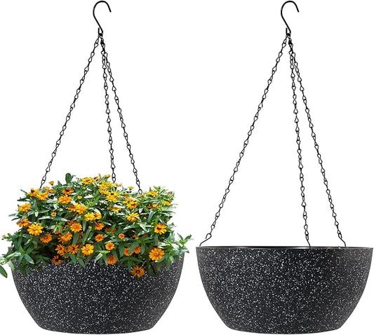 10 inch Hanging Planters for Outdoor Indoor Plants with Drainage Holes and Chain, 2 Pack Round Hanging Flower Pots for Garden Home Porch Decor, Speckled Black WSMKSZ