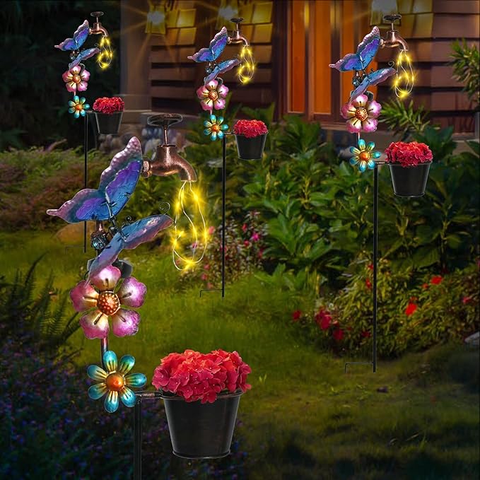 Afirst Solar Outdoor Lights Decorative - Solar Decorative Butterfly Lights Faucet Shaped Twinkling Light Garden Stake Decorations for Pathway Lawn Patio Courtyard Backyard Afirst