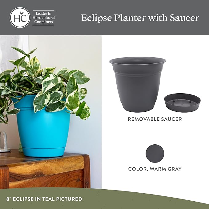 The HC Companies Eclipse Round Planter with Saucer - Outdoor & Indoor Plant Pot with Drainage Holes - Lightweight, UV-Resistant Plastic Pots for Plants, Flowers & Herbs (12" Warm Gray, Pack of 1) TheHCCompanies