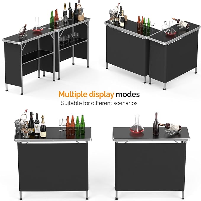 VINGLI Portable Bar Table, 2-Tier Shelves, Mobile Bar Table for Events, Party, Camping, Picnic, Tradeshow, Indoor with Black Skirt, 39 "L x 34" H VINGLI