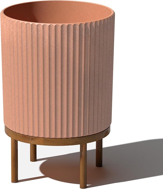 Veradek Demi Series Round Planter w/Stand for Porch/Patio | Durable Plastic-Stone Composite & Wooden Stand | Modern Décor for Tall Plants, Flowers VeradekOutdoor