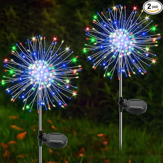 Solar Garden Lights Outdoor, 2 Pack 120 LED Twinkling Firework Lights Decorative with 2 Modes, Outdoor Waterproof Solar Starburst Light for Outside Yard Pathway Garden Decor, Multicolor Yaafen