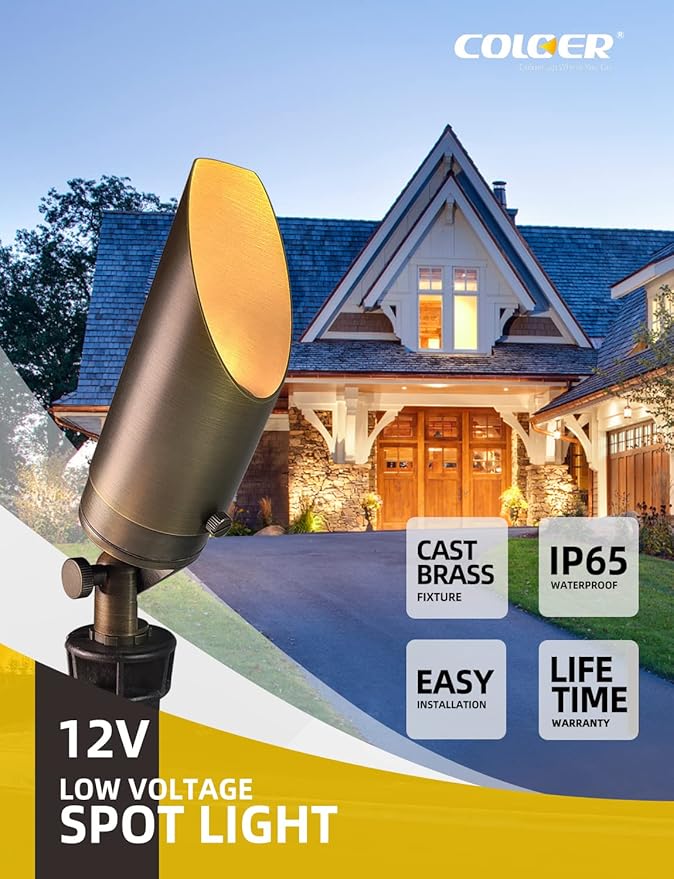 COLOER Brass Landscape Spotlights, 6 Pack Spotlight Fixture Outdoor with 5W Aluminum Housing MR16 LED Bulb 2700K 450LM,12V AC/DC Low Voltage Landscape Lighting,Uplight for Garden and Patio(103B) COLOER