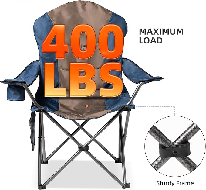 2 Pack Folding Camping Chairs for Adults - High Back Padded Outdoor Lawn Chairs with Lumbar Support & Cup Holder, 400lbs Heavy Duty Portable Camping Chairs Set (Blue & Brown, 2 PCS) Rootora
