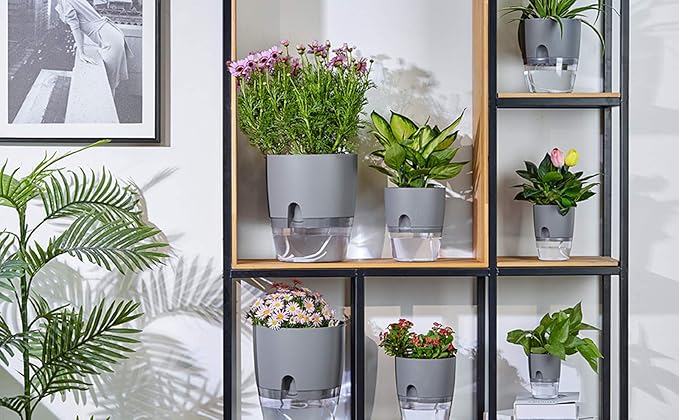 Self Watering Planter for Indoor Plants, 2 Pack 9.3 Inch Flower Pot Modern Decorative Plastic Planter with Extra Large Water Storage for All House Plants, Flowers, Herbs(White) ETGLCOZY