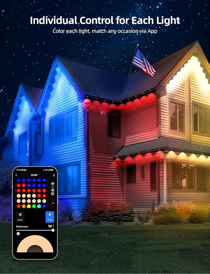 APPECK Permanent Outdoor Lights 50ft with 36 RGBW LEDs, 111 Scene Modes, Eaves Lights with 40lm Warm White, for Daily Holiday House Decor, App/Voice/Remote Control, White APPECK