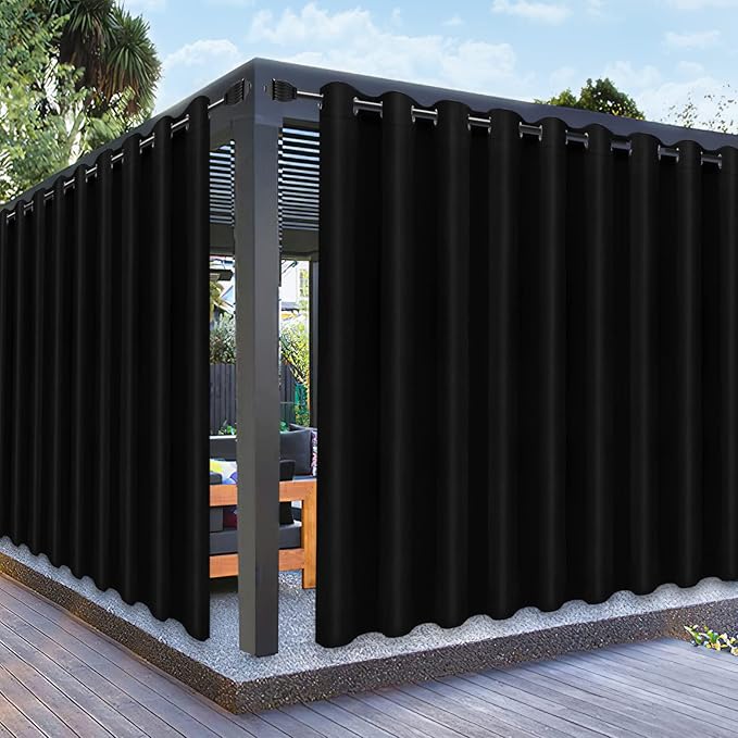 PureFit Outdoor Curtains for Patio Waterproof Weatherproof, UV Resistant Outside Curtains for Gazebo, Front Porch, Pergola, Sun Blocking Privacy Curtain, 150W x 84L inch, 1 Panel, Black PureFit