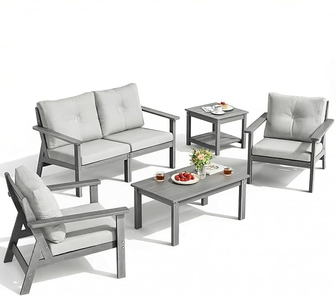 6-Piece HDPE Patio Furniture Set, Outdoor Sectional Sofa Set,All Weather Outdoor Couch with Dust-Free Cushions, Durable Patio Conversation Sets for Balcony, Porch, Gray Rootora