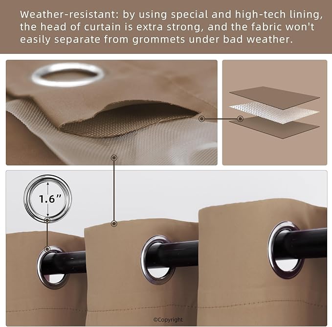 DIVA EN CAMINO DEC Outdoor Patio Curtain Waterproof Darkening Thermal Insulated Indoor Curtains for Bedroom, Porch, Living Room, Pergola, Cabana, W52 x L95, Camel Brown, Set of 2 Panels DivaenCamino