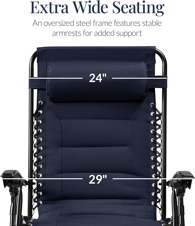 Best Choice Products Oversized Padded Zero Gravity Chair, Folding Outdoor Patio Recliner, XL Anti Gravity Lounger for Backyard w/Headrest, Cup Holder, Side Tray, Polyester Mesh - Navy Blue BestChoiceProducts