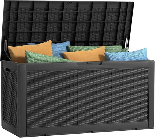 120 Gallon Outdoor Deck Box, Lockable Waterproof Outdoor Storage Boxes For Garden Tools,Indoor Cushions,Accessories Outside Storage Resin Weatherproof Container(Black) MAIUSCOLI