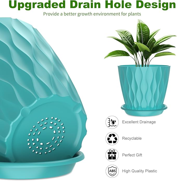 6 Pack 6 Inch Indoor Plant Pots with Drainage Holes, Outdoor Plastic Decorative Flower Pots, Garden Planters with Tray Saucers for Orchids, Violets, Succulents, Herbs, and Other Plants Rootora