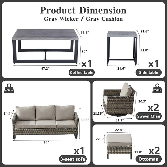 Belord 7 Piece Outdoor Furniture Patio Wicker Sofa Set, Oversize Outdoor Swivel Rocker Chairs with Rattan Ottomans, Conversation Sets Patio Furniture Come with Removable Washable Cushion Grey Belord