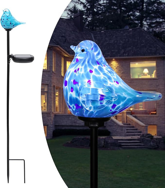 Afirst Decorative Solar Lights Outdoor Solar Bluebird Stake Lights Hand Blown Glass Decorative Garden Pathway Lights Outdoor Waterproof Glass Stakes Afirst